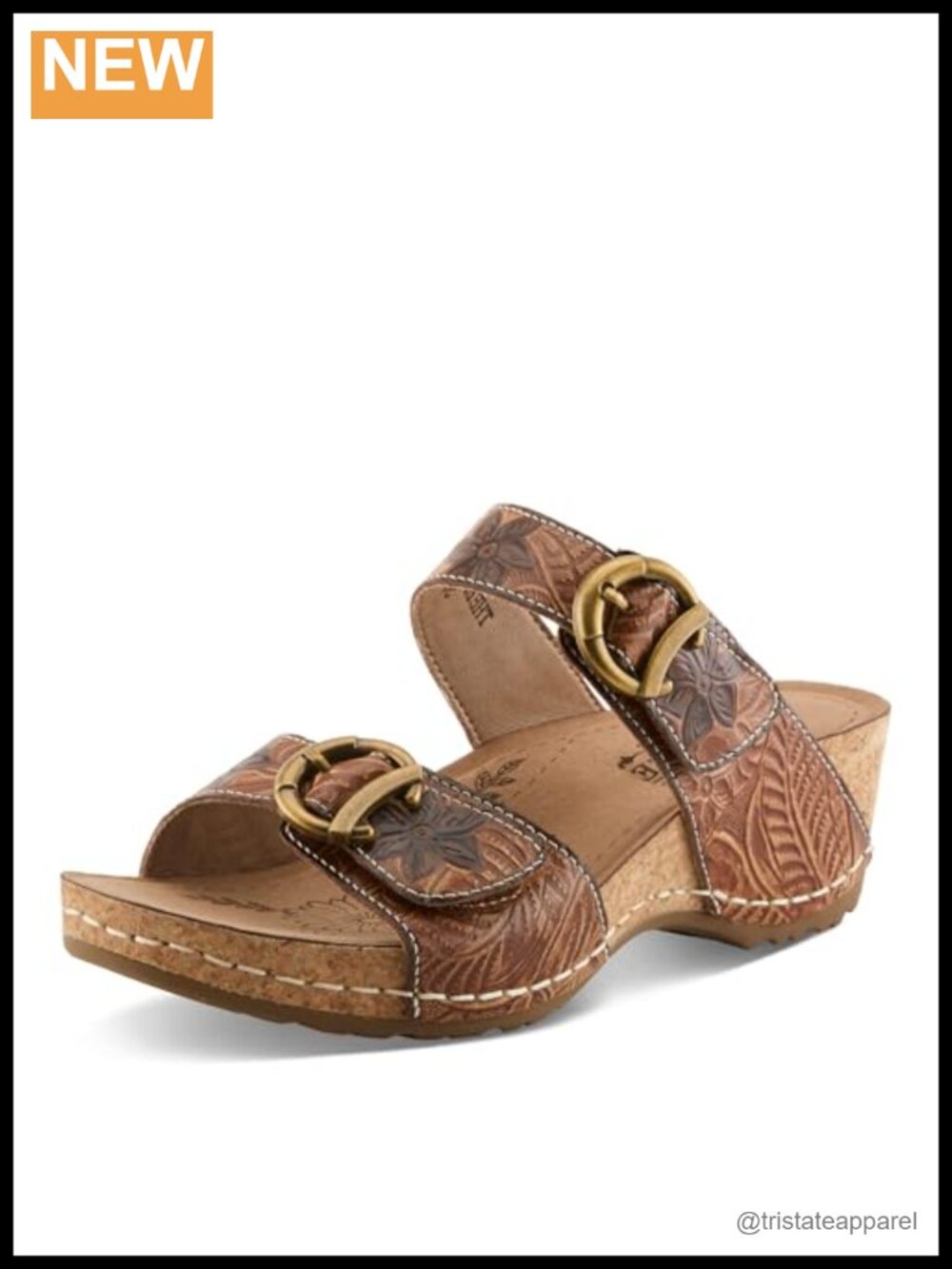 Women's Floral Embossed Leather Wedge Sandal Cushioned Comfort